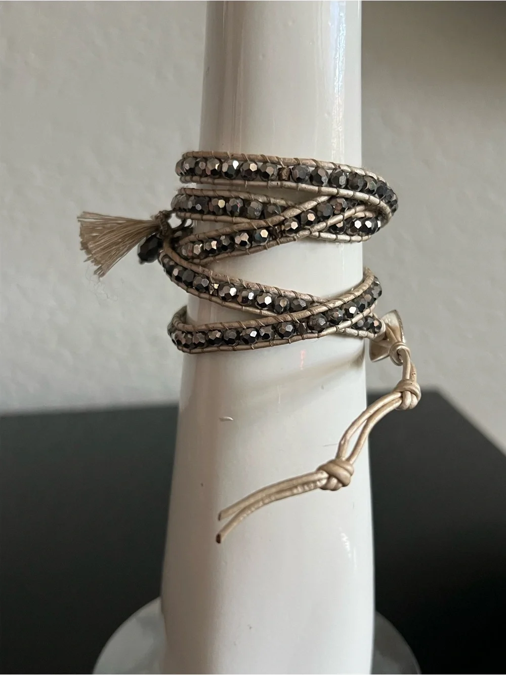 Nakamol Taupe Wrap Bracelet with Hematite Beads